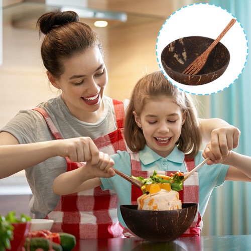 1 Set Kokosnussschale Schale Holz Obst Salatschüssel mit Gabel Vorratsschüssel mit Gabel - Bild 12 von 12