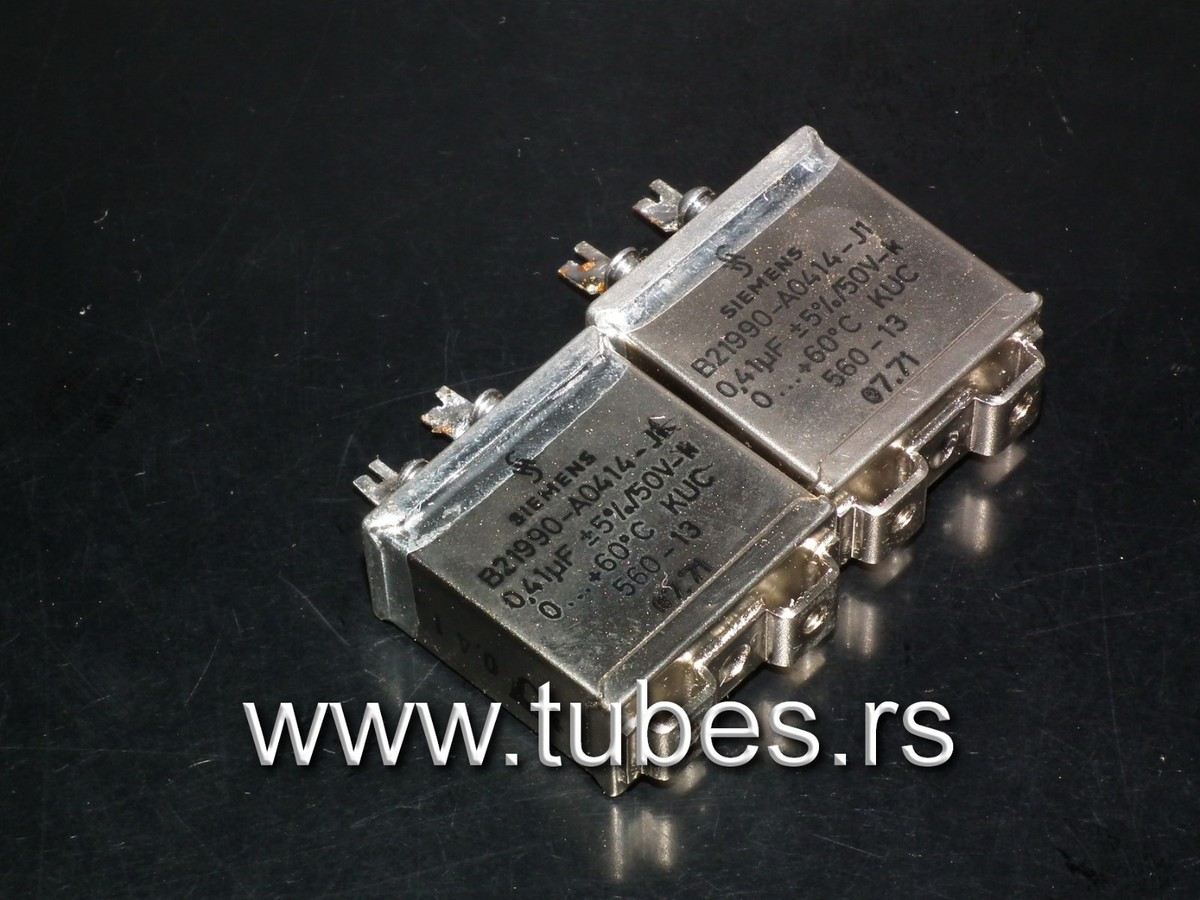 Two vintage Siemens PIO capacitors 0.41 uF / 50V Klangfilm tube