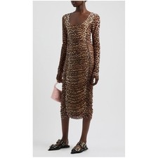 Ganni Leopard Print Ruched Tulle Midi Dress Brown Long Sleeve Mesh Size 10/12
