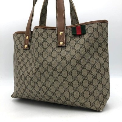 GUCCI GG Sherry Line Tote Hand Bag Leather PVC Brown Beige Gold Hardware Japan