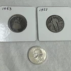 Lot Of 3 Silver Quarters 1853 1927 1964 Seated Liberty Standing Liberty Wash