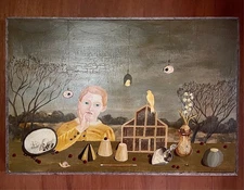 AMAZING MODERN FOLK ART PAINTING BY ANNE SIEMS "BOY WITH CANARY" 2007