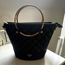 Dune Black Quilted Faux Leather Top Handle Bag Gold Ring Zip Detachable Strap