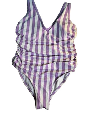 Kona Sol Womens Swimsuit Plus Size 18W Purple Striped Nylon Pool Party Beach