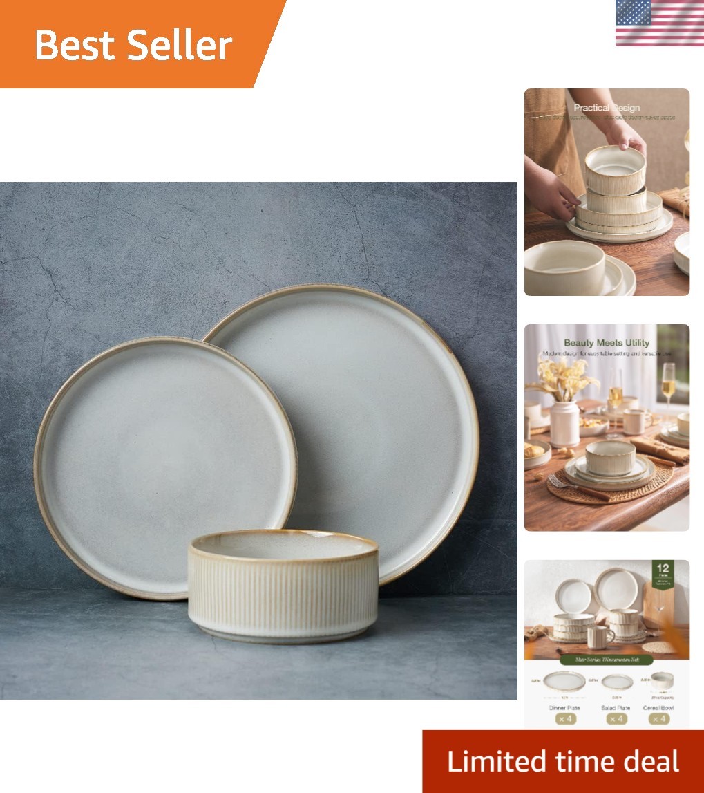 Artistic Ribbed Ceramic Dinnerware Set for 4 – Microwave and Dishwasher Safe