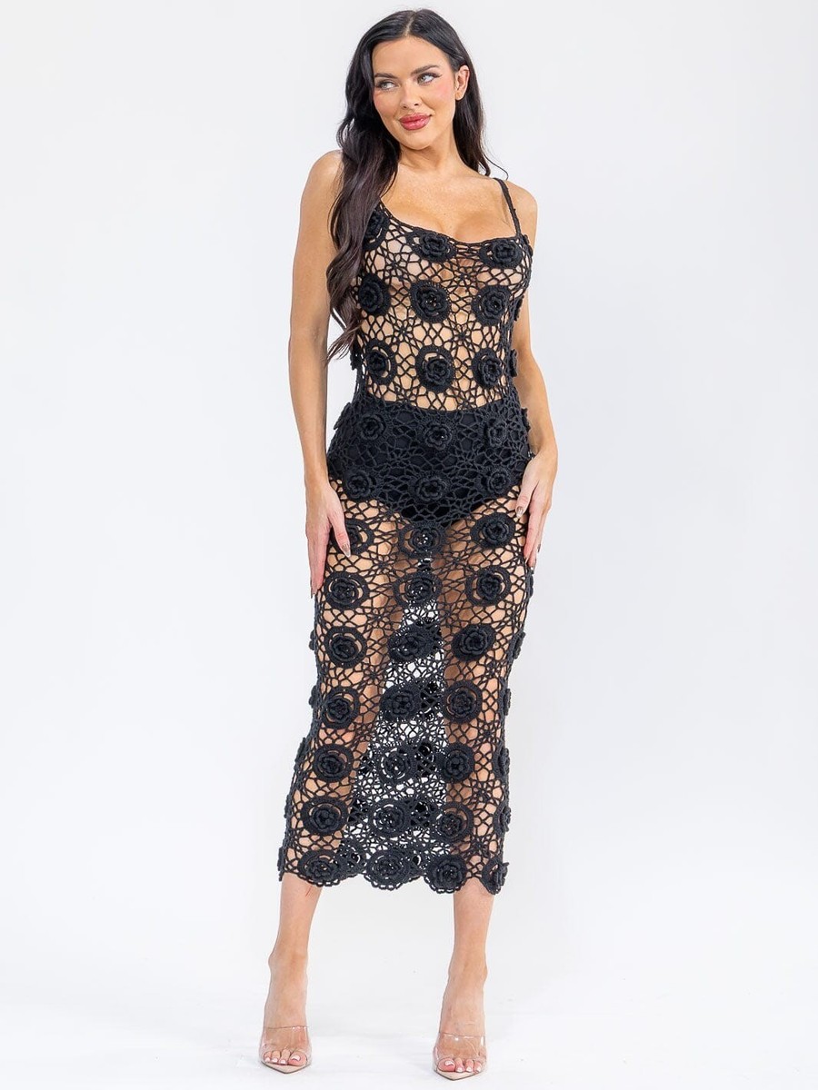 Black Crocheted Lace Overlay Maxi Dress Medium Large Bodycon Summer Travel