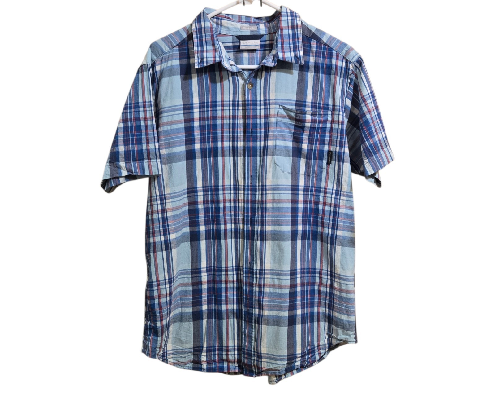 Columbia Shirt Mens Medium Blue White Plaid Short Sleeve Button Up