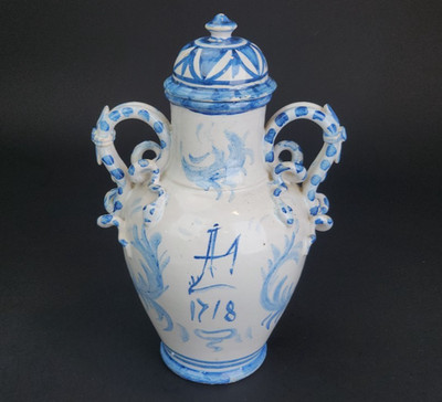 Antique Savona Italy Majolica Amphora Vase Jar 18th C. Marked with Year 1718