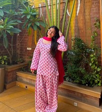Women's Cambric Cotton Kurta Set with Farshi Pants Dupatta Indian Traditional
