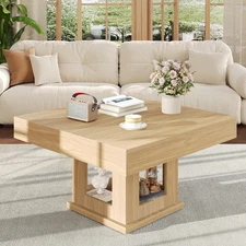 Square Coffee Table, Wooden Coffee Table with Storage and Cat House, Cocktail...