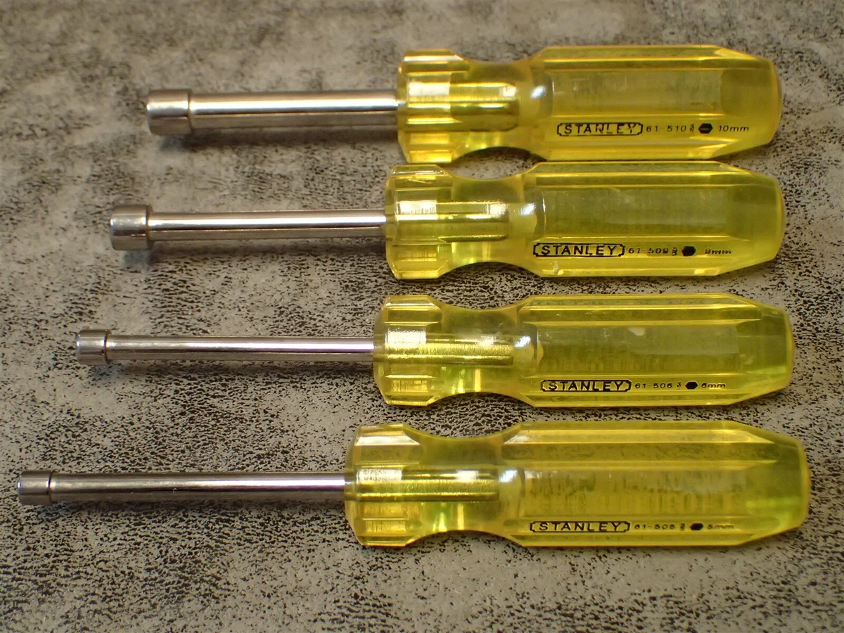 4 pc STANLEY Metric Nut Driver Set 5 6 9 10mm Clear Yellow Plastic Handle BN110
