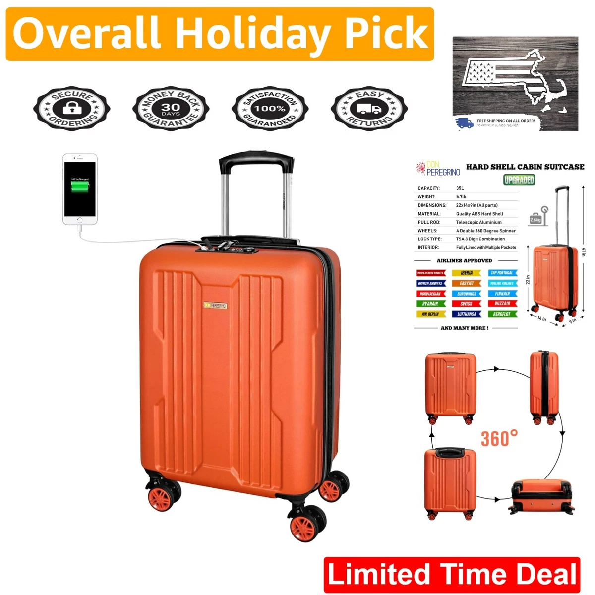 Carry on Luggage: 22x14x9 Airline Approved Suitcase with TSA Lock & USB  Charger