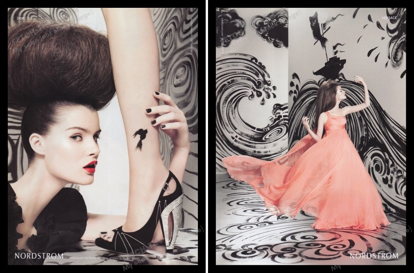 Annonce publicitaire imprimée des années 2000 Nordstrom Dior & Versace avant et arrière page 2008 jambe