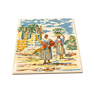 Vintage Madeira Portugal Tile Folk Art Women Traditional Dress Ceramic Decor