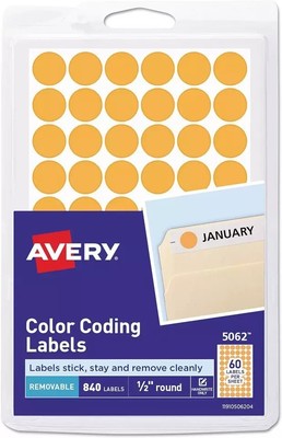 Avery Handwrite Only Removable round Color-Coding Labels 1/2'' Neon Orange 840/Pk
