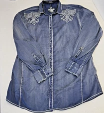 ROAR Blue Dress Shirt Grunge Strength Refined Distressed Thick Stitch X-Large