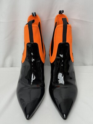 Prada Black Patent Leather Neon Orange Neoprene Pointed Toe