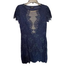 Storia Lace Dress with Plunging Sheer Neckline and Short Sleeves Navy Blue Size