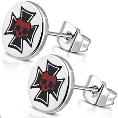 Men's Steel Maltese Cross Templar Skull Biker EARRINGS TTF058
