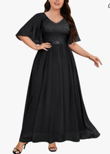 Knitee Half Sleeves Cape Dress Lace V Neck Evening Party Dress (Black 2XL)