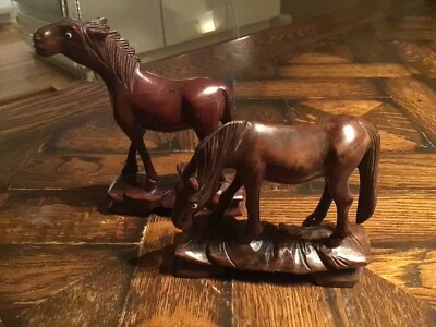 PAIR Vintage Chinese Carved Wood HORSES equine Asian Art