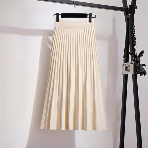 Women Fall Knitted Pleated Skirt Elastic High Waist Winter Swing A-line Casual - Bild 18 von 31