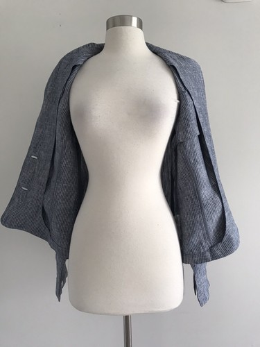 EILEEN FISHER 100% LINEN BUTTON UP STRIPED POCKETS VENT BACK UNLINED JACKET SZ S - Picture 9 of 13
