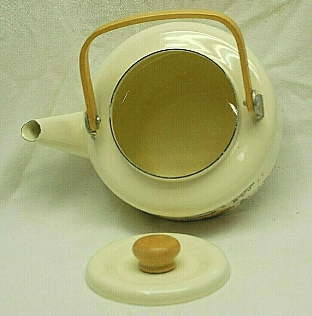 Enamel Metal Tea Pot Kettle Stove Top Teapot Wooden Handle Country Farm Scene eBay