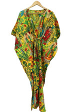 Indian Yellow Long Frida Print Cotton Hippie Maxi Women Nightwear Caftan Dress