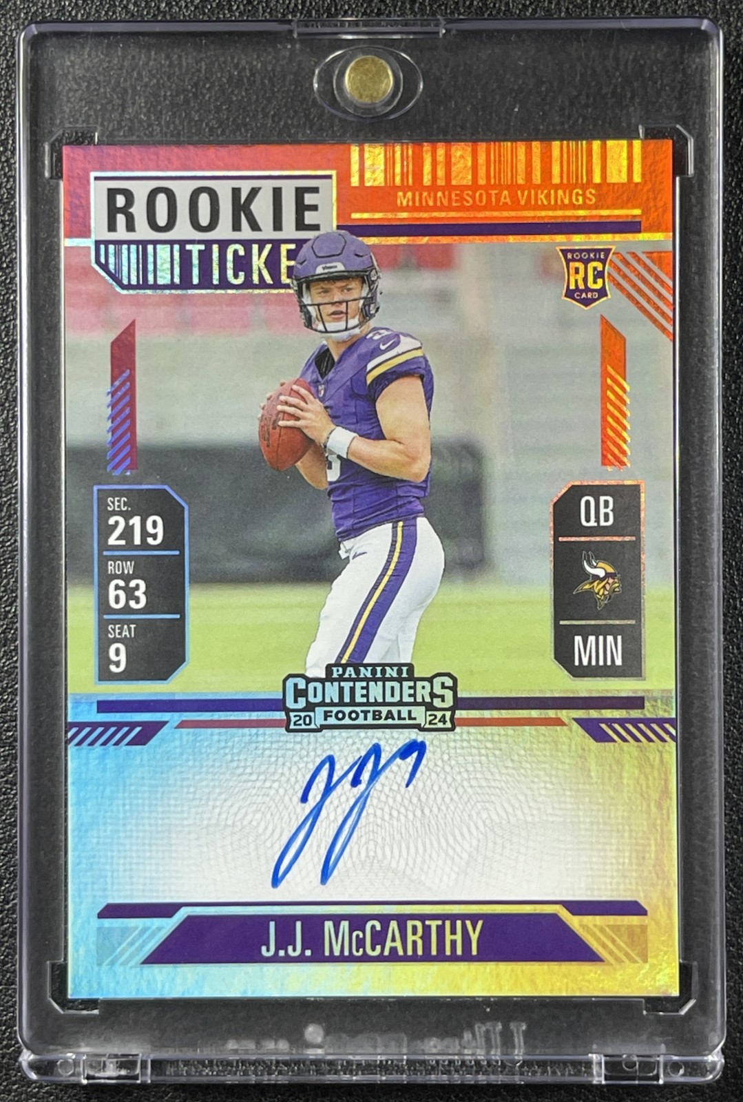 J.J. MCCARTHY 2024 PANINI CONTENDERS #101 ROOKIE TICKET RED ZONE AUTO FOTL RC