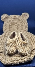 Handmade Crochet Bear Baby Set - Newborn Hat, Diaper Cover  Booties - Tan