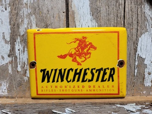 VINTAGE WINCHESTER PORCELAIN SIGN AMMUNITION DEALER GUN FIREARM PISTOL HUNTING