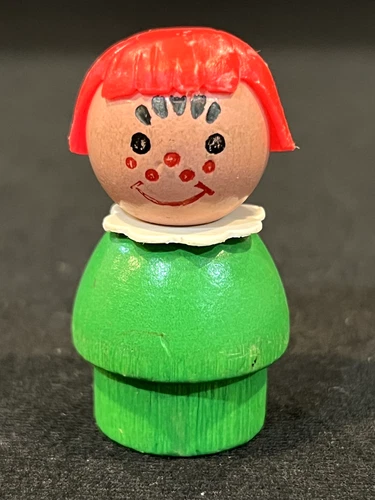 Vintage Original Fisher Price Little People Green Wooden Base Red Bob Hair