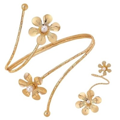 Gold Arm Cuff with Ring, 2 Pcs Open Upper Arm Bracelet and Ring with Flower