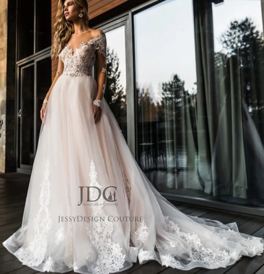 Langarm Rosa Champagner Illusion Korsage Brautkleid Hochzeitskleid 32-60 Knöpfe - Bild 4 von 4