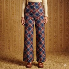 Vintage 70s Red Blue Plaid Wide Leg Bell Bottom Trouser Pants Womens XS Cotton