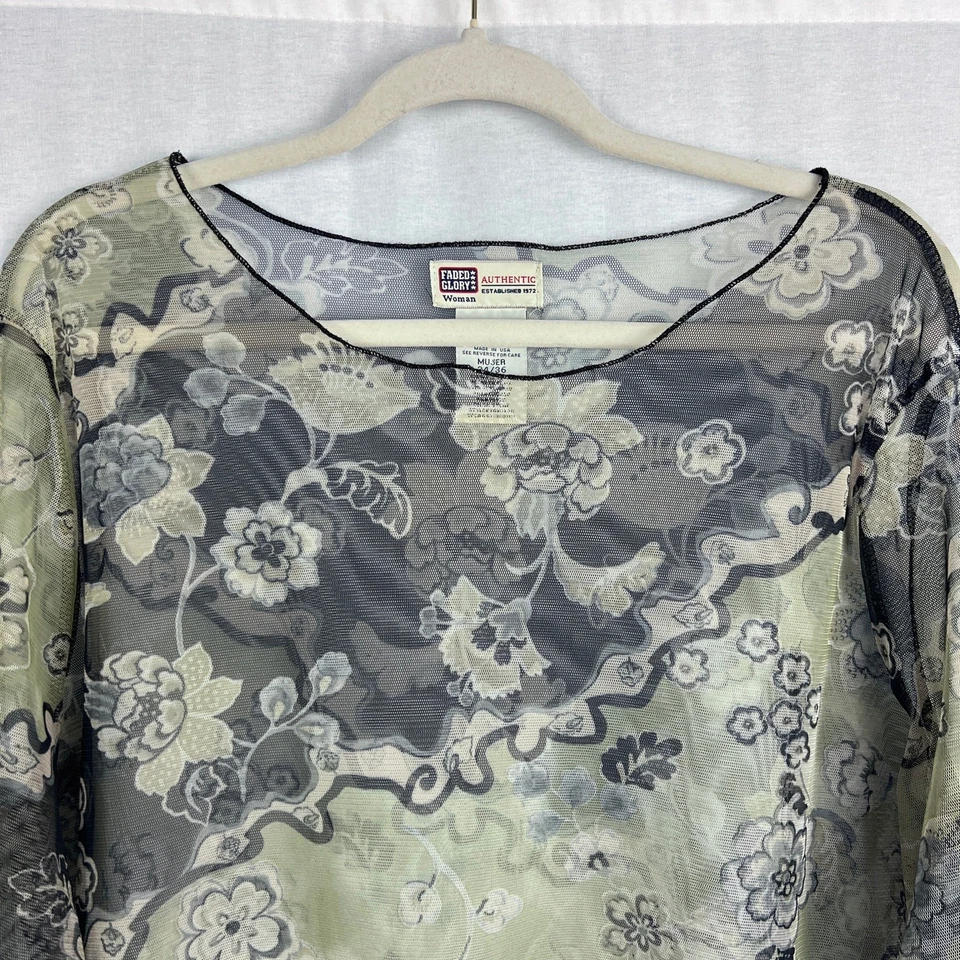 Top Glory Desteñido De Colección Para Mujer XL Floral Malla Transparente Manga Larga Y2K Fairy Grunge Foto 2 de 4