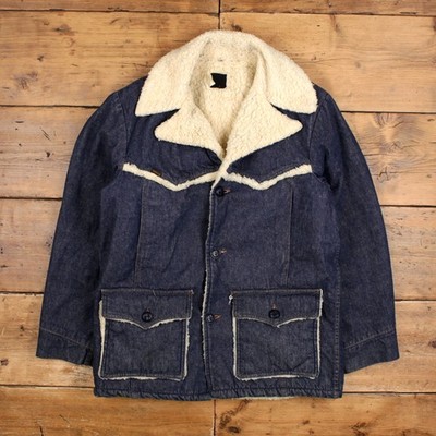 Vintage Sherpa Jeansjacke 42 Herren 70er blau lang gefüttert Western Retro