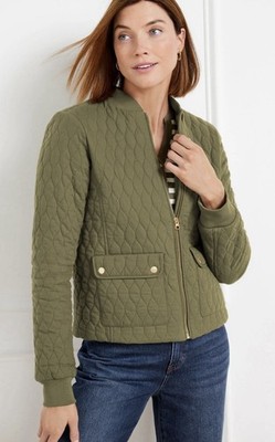 Talbots Women s Size M Cotton Olive Green Quilted Front Zip Bomber Jacket