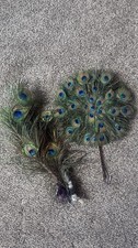 PEACOCK FEATHER ROUND FIXED HAND FAN 10" DIAMETER WRAPPED HANDLE W/HAIR PC