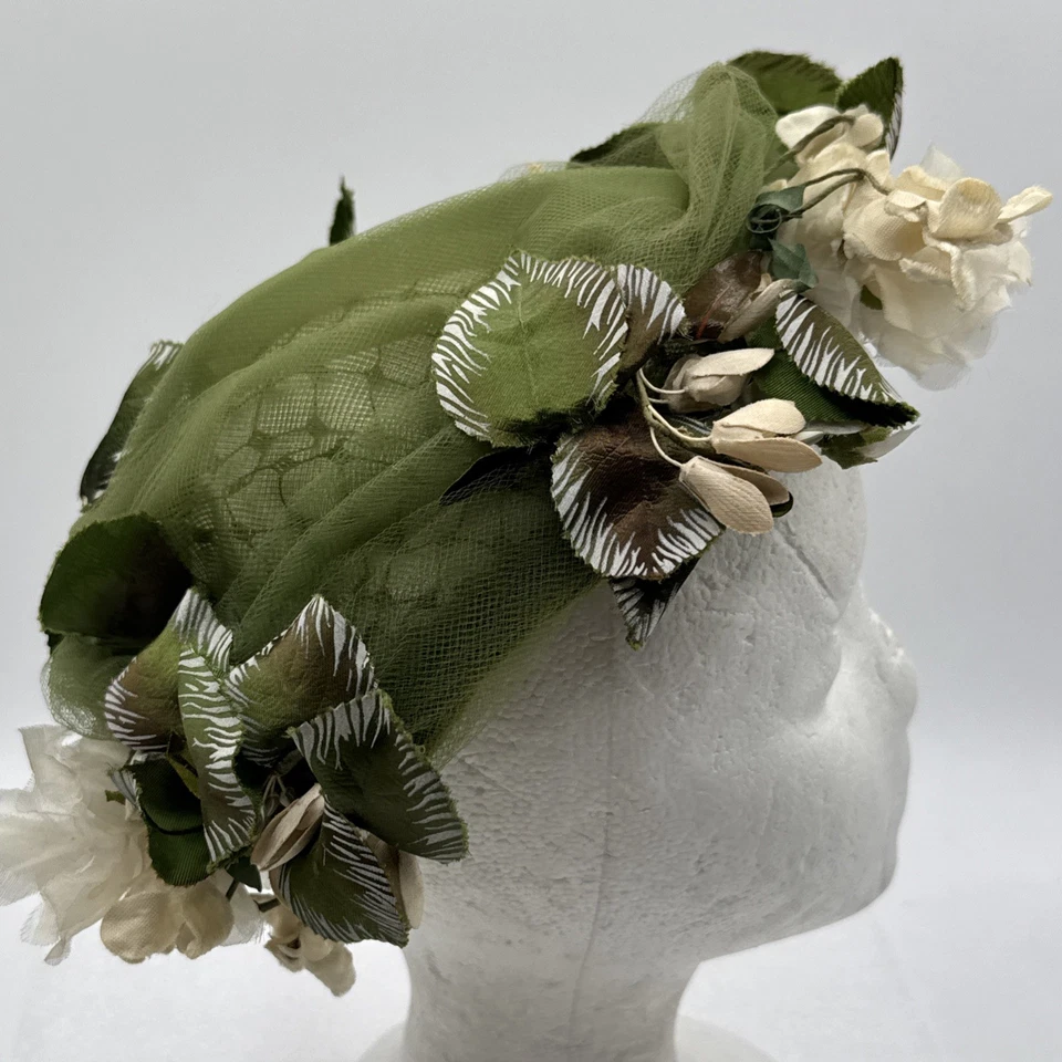 Vintage Mr. John Jr. Flowered Hat 1970s Tulle White Flowers Green Leaves Boho - Image 3 of 4