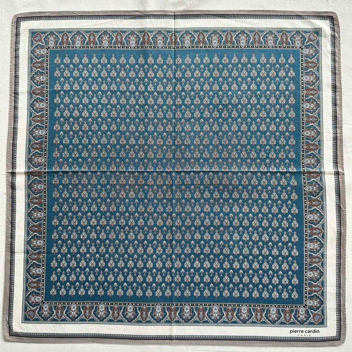 VTG Handkerchief Blue Cotton Geometric & Border Damask Classic Pocket Square 18"