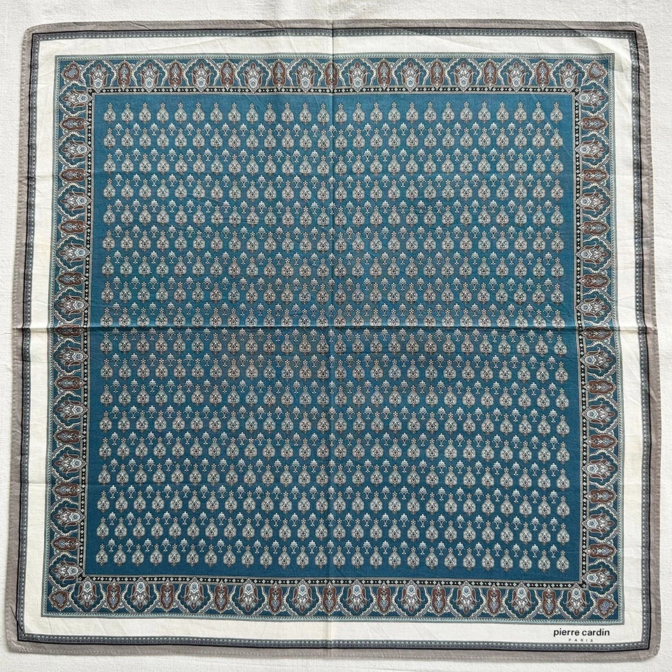 VTG Handkerchief Blue Cotton Geometric & Border Damask Classic Pocket Square 18" - Image 2 of 3