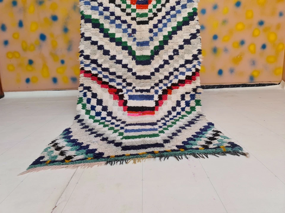 Auténtica alfombra hecha a mano marroquí Boucherouite 3 pies 1 x 6 pies alfombra de algodón multicolor Foto 3 de 4