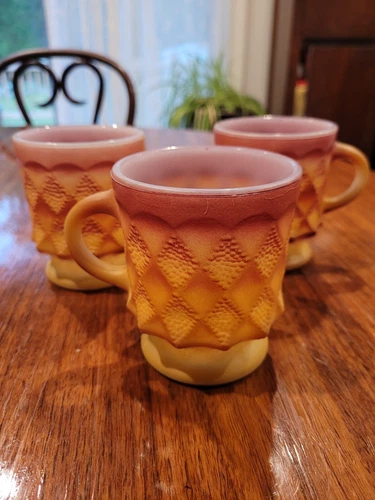 Set Of 3 Vintage ANCHOR HOCKING FIRE KING Kimberly Diamond Coffee Cup Mug Orange