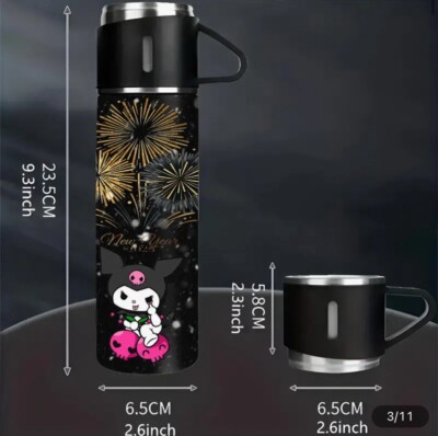 Kuromi Sanrio Thermos 17oz Gift box 4pc Set Insulated Steel Kawaii