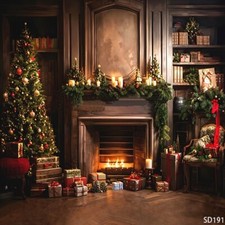 10'x10'Computer-painted Xmas Tree Fireplace Gift Scene background backdrop SD191