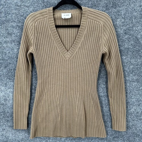 St John Wollpullover Damen klein hellbraun gerippt V-Ausschnitt Pullover Langarm - Bild 1 von 14