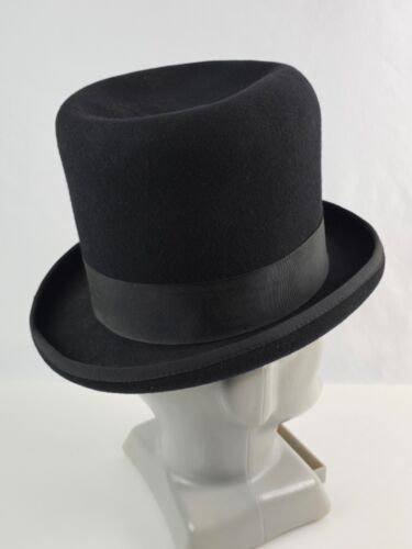 Vintage DeLuxe Quality Black Wool top hat 6.75" tall black bow "good" cond. - Picture 4 of 13