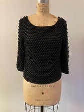 Vintage 70s Black Silk Silver Sequin Beaded Butterfly Blouse Shirt Top S Repair